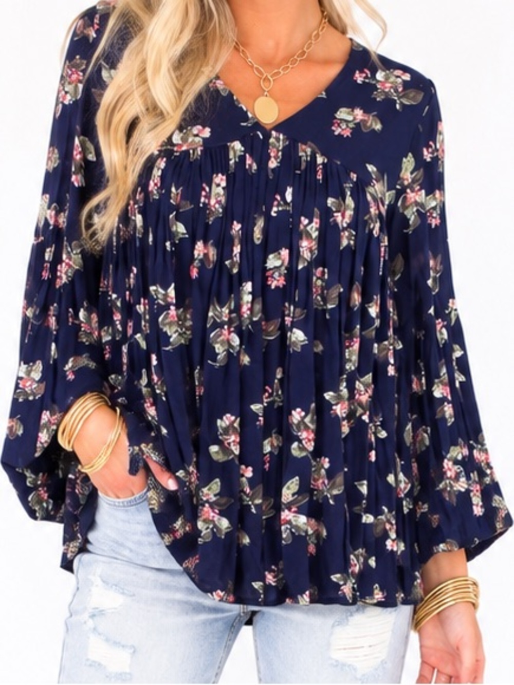 MOD X BOHO FLORAL PLEATED GYPSY TOP SZ SM